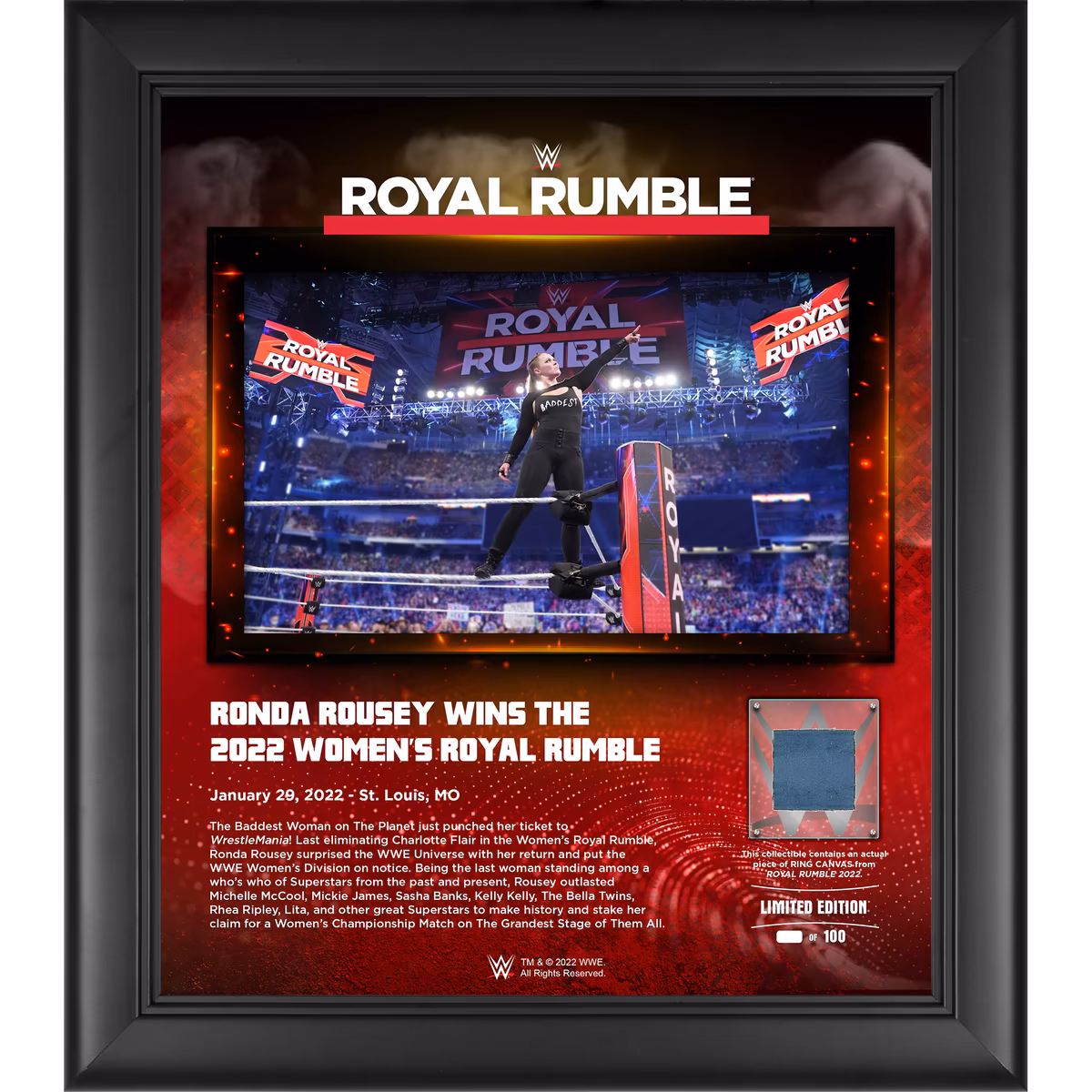 Ronda Rousey WWE Framed 15'' x 17'' 2022 Royal Rumble Collage with a Piece of Match-Used Canvas - Limited Edition of 250