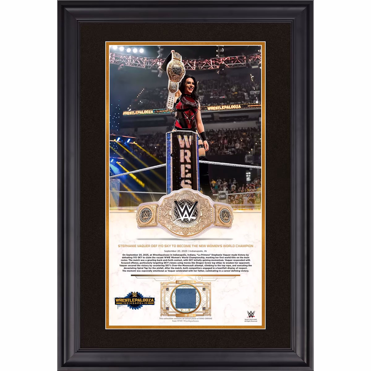 Stephanie Vaquer WWE Framed 10" x 18" Wrestlepalooza 2025 Golden Moments Collage with a Piece of Match-Used Canvas - Limited Edition of 250