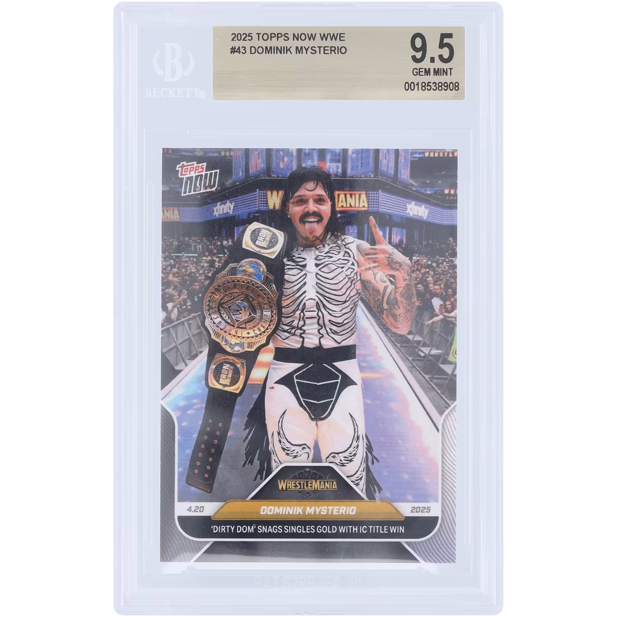 Dominik Mysterio WWE 2025 Topps Now Dirty Dom Snags Singles Gold With IC Title Win #43 BGS Authenticated 9.5 Card