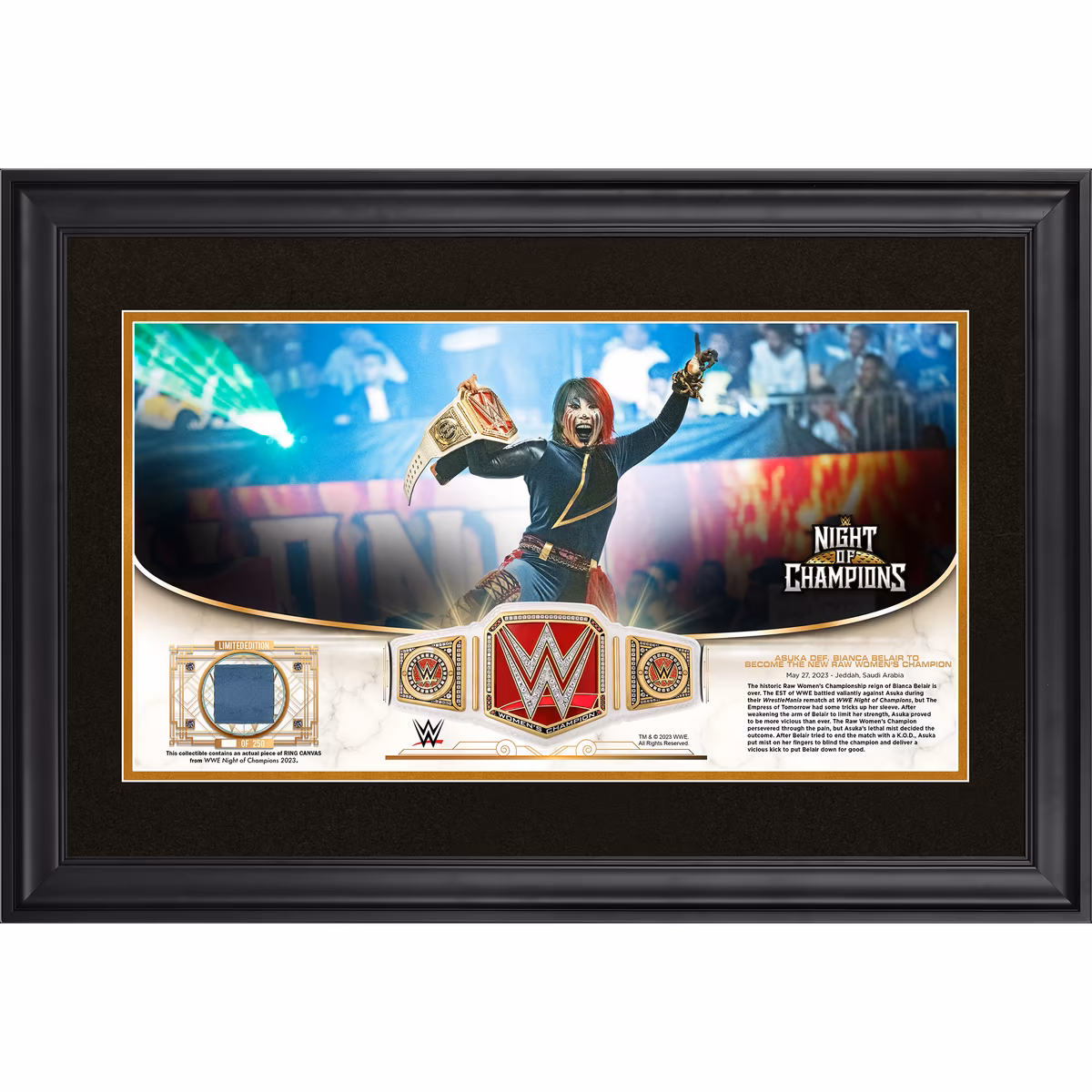 Asuka WWE Framed Golden Moments 10" x 18" 2023 Night of Champions Collage with a Piece of Match-Used Canvas - Limited Edition of 250