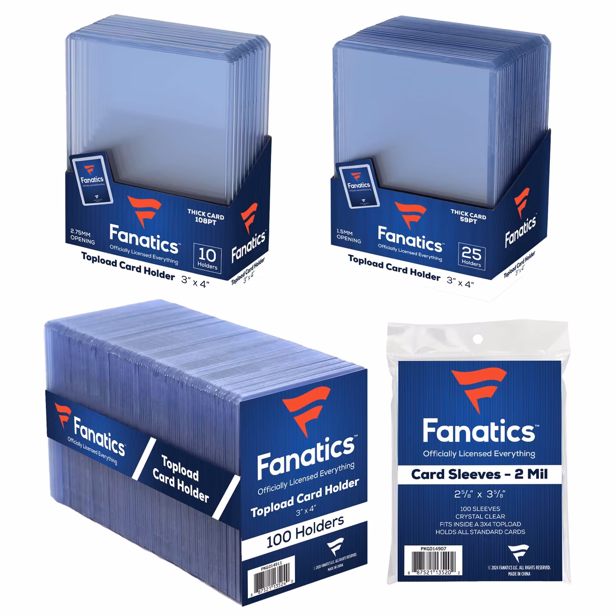 Fanatics Pro Variety Bundle - 100 Soft Sleeves, 100 Top Loader 35pt, 10 Top Loader 108pt & 25 Top Loader 59pt 1 Fanatics Pro Variety Bundle - 100 Soft Sleeves, 100 Top Loader 35pt, 10 Top Loader 108pt & 25 Top Loader 59pt
