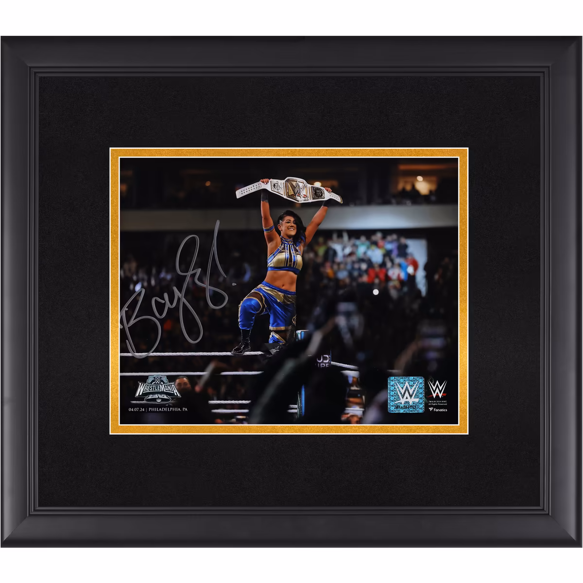 Bayley WWE Autographed Framed 8" x 10" WrestleMania 40 Raising Title Photograph 2 Bayley WWE Autographed Framed 8" x 10" WrestleMania 40 Raising Title Photograph