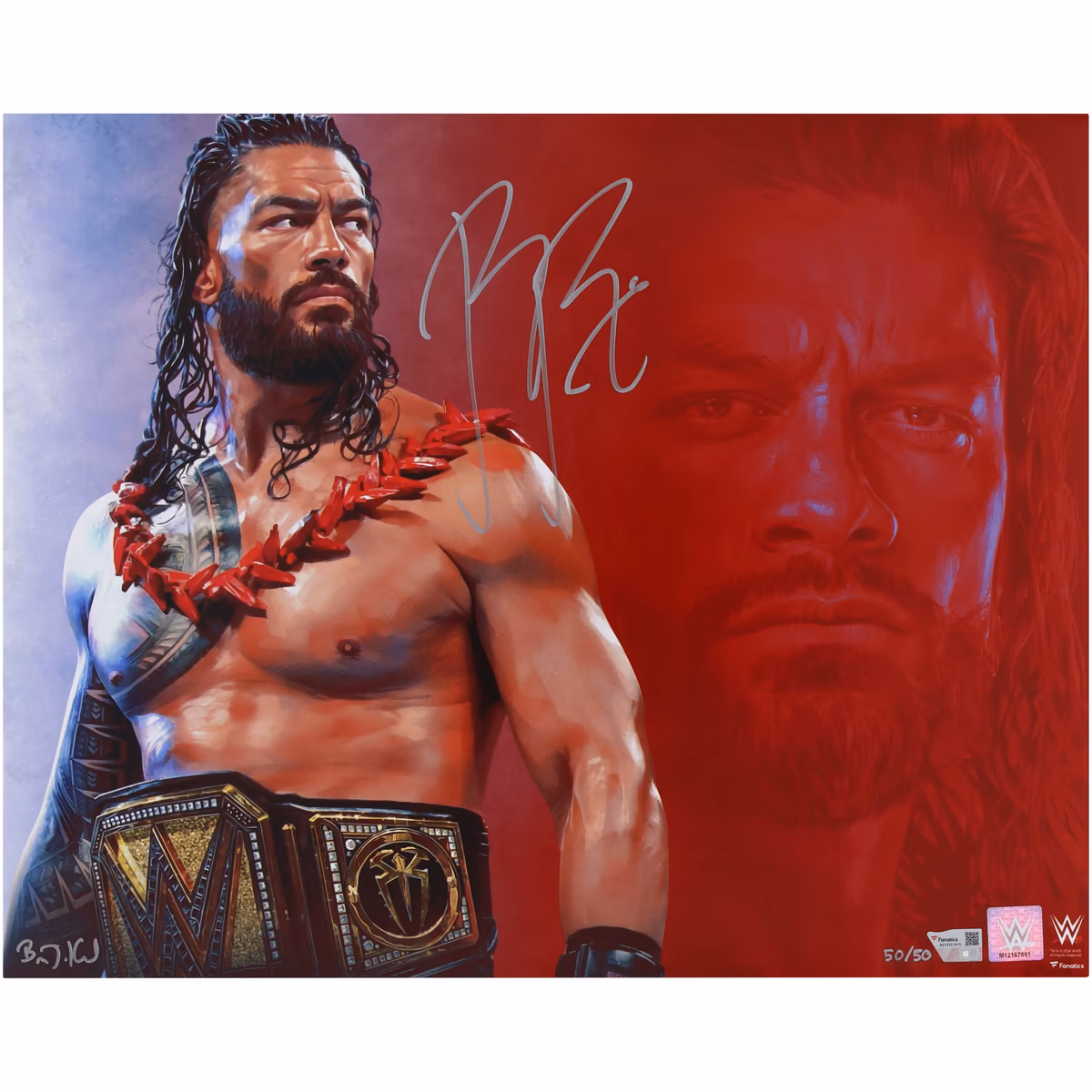 Roman Reigns WWE Autographed 16" x 20" Art Print - Art by Brian Konnick - Limited Edition #50/50