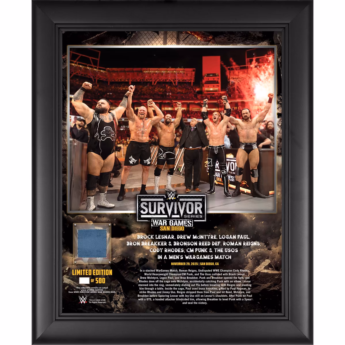 Brock Lesnar, Drew McIntyre, Logan Paul, Bron Breakker & Bronson Reed WWE Framed 13" x 16" 2025 Survivor Series Collage with a Piece of Match-Used Canvas - Limited Edition of 500