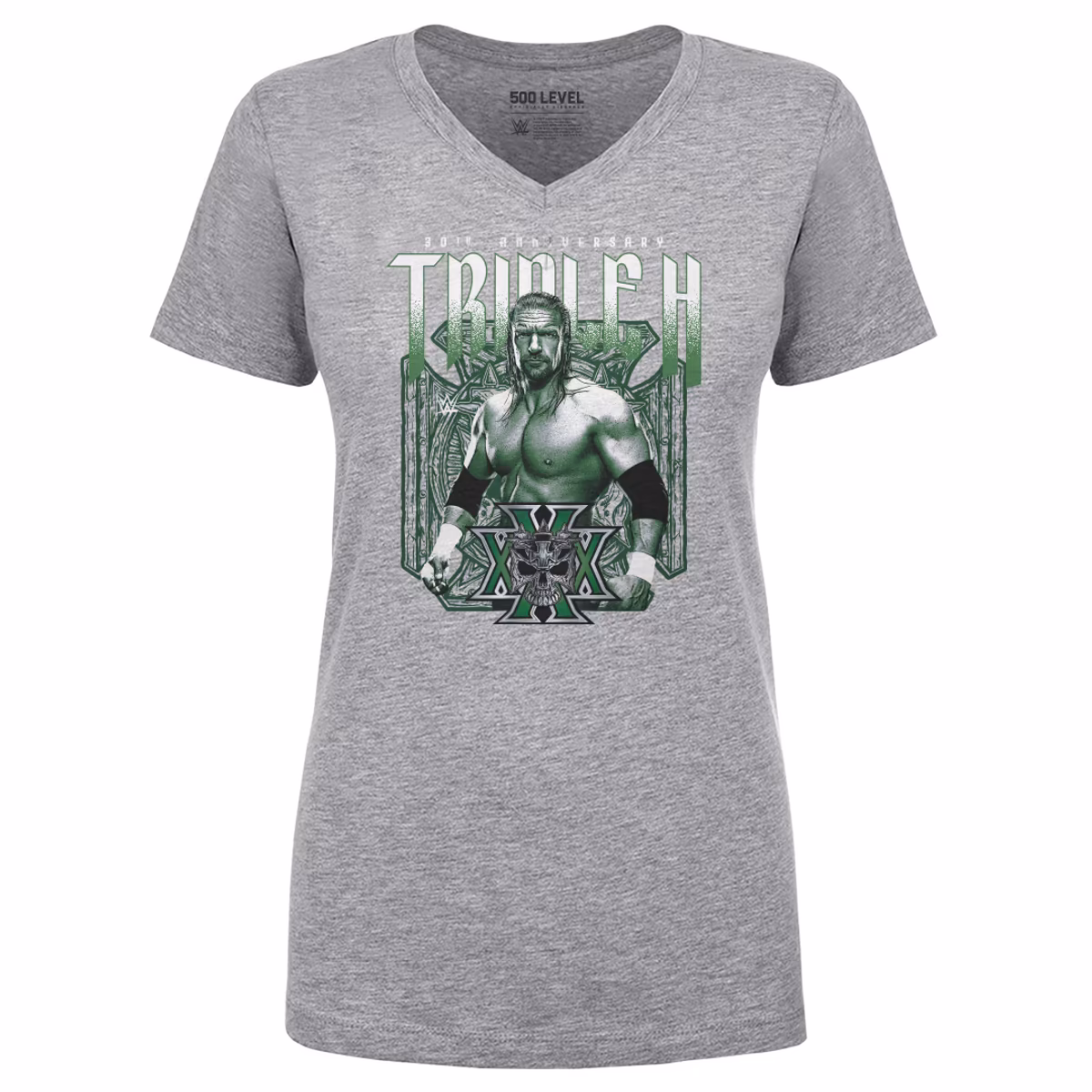 Women's 500 Level Heather Gray Triple H 30th Anniversary V-Neck T-Shirt 1 Women's 500 Level Heather Gray Triple H 30th Anniversary V-Neck T-Shirt