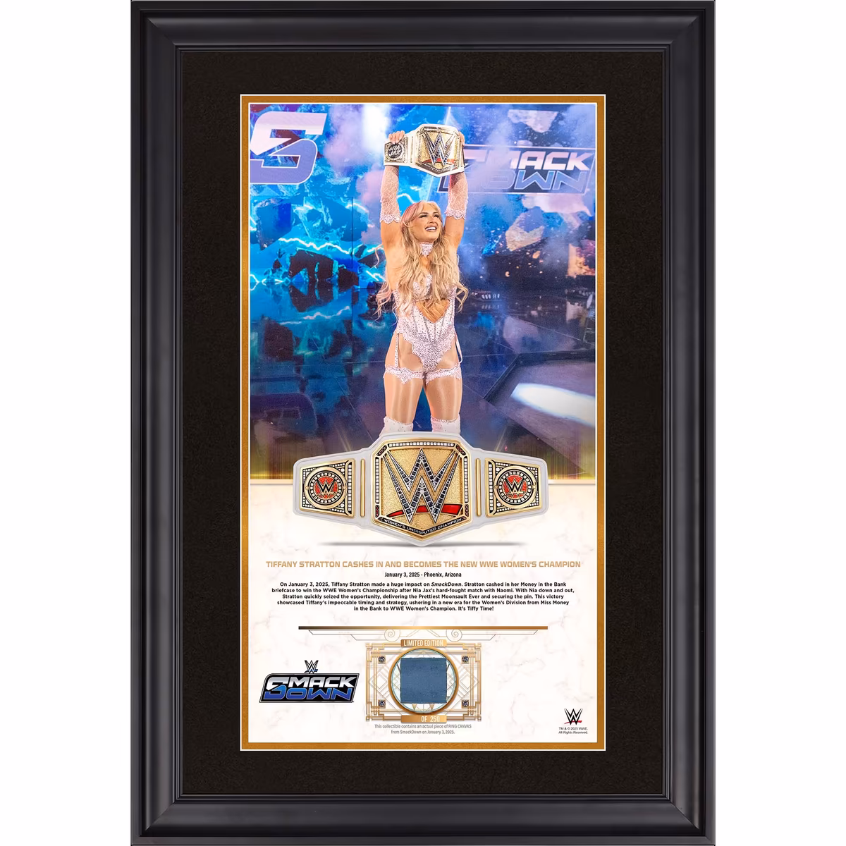 Tiffany Stratton WWE Framed 10" x 18" January 3, 2025 SmackDown Golden Moments Collage with a Piece of Match-Used Canvas - Limited Edition of 250 1 Tiffany Stratton WWE Framed 10" x 18" January 3, 2025 SmackDown Golden Moments Collage with a Piece of Match-Used Canvas - Limited Edition of 250