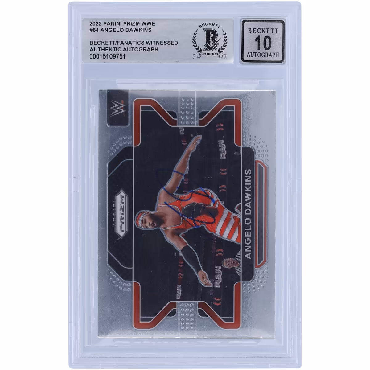 Angelo Dawkins WWE Autographed 2022 Panini Prizm #64 Beckett Fanatics Witnessed Authenticated 10 Card