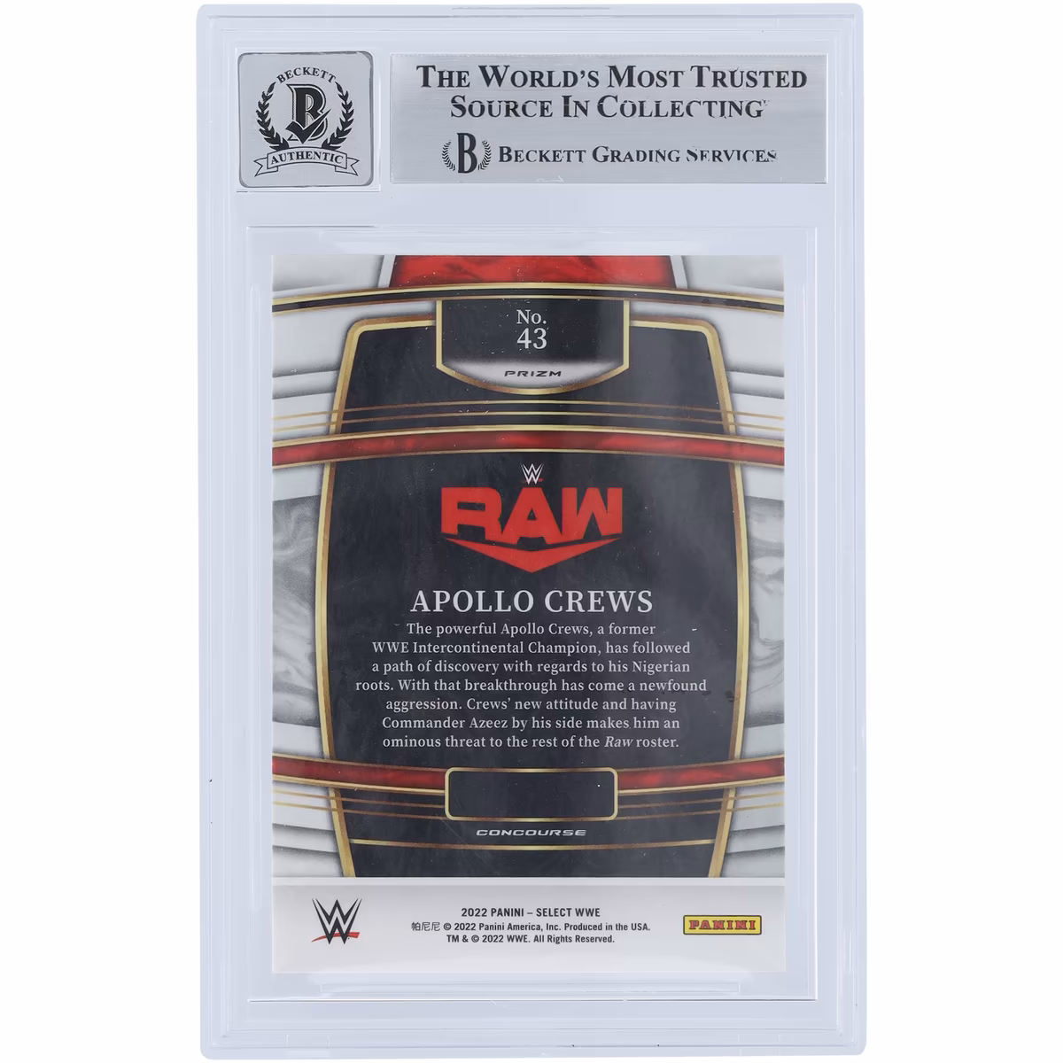 Apollo Crews WWE Autographed 2022 Panini Select Silver Prizm #43 Beckett Fanatics Witnessed Authenticated 10 Card 3 Apollo Crews WWE Autographed 2022 Panini Select Silver Prizm #43 Beckett Fanatics Witnessed Authenticated 10 Card