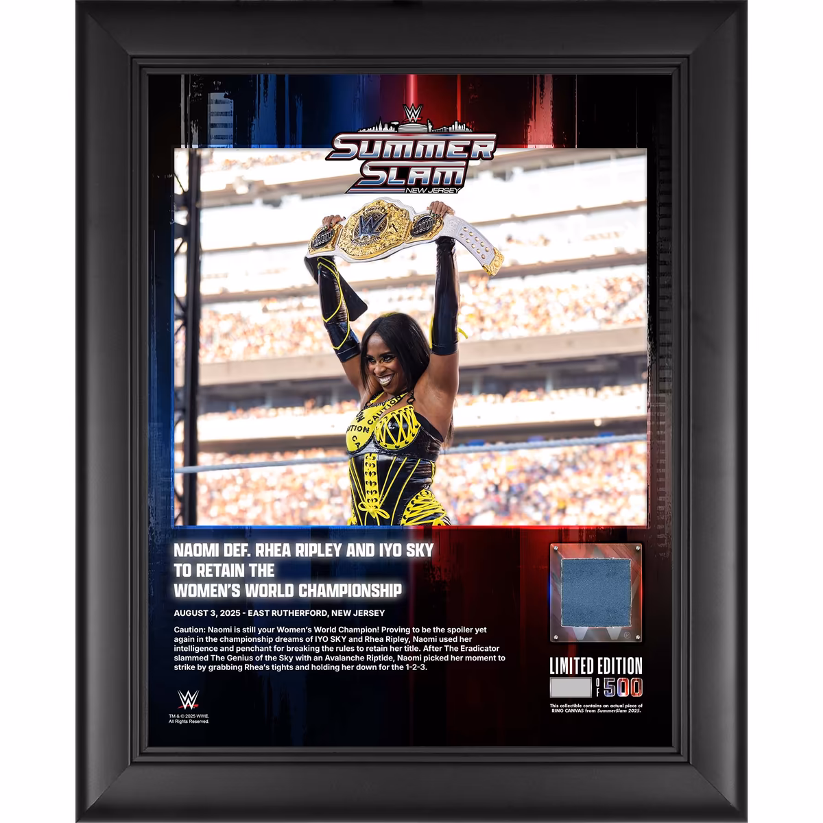 Naomi WWE Framed 13" x 16" 2025 SummerSlam Night 2 Collage with a Piece of Match-Used Canvas - Limited Edition of 500 3 Naomi WWE Framed 13" x 16" 2025 SummerSlam Night 2 Collage with a Piece of Match-Used Canvas - Limited Edition of 500