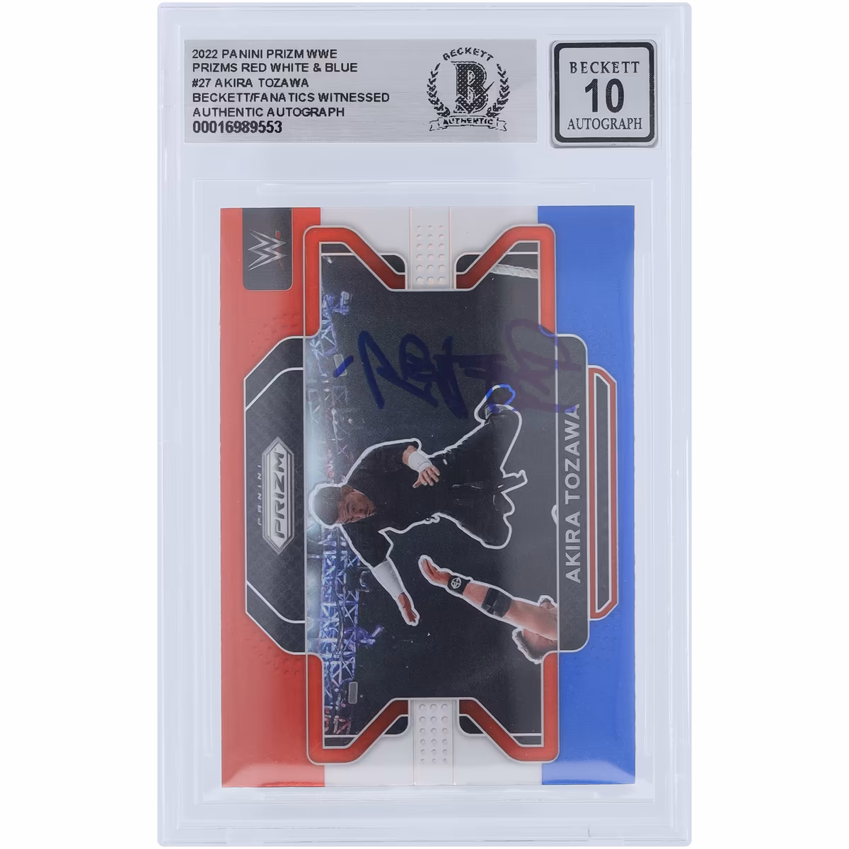 Akira Tozawa WWE Autographed 2022 Panini Prizm Red White & Blue Prizm #27 Beckett Fanatics Witnessed Authenticated 10 Card