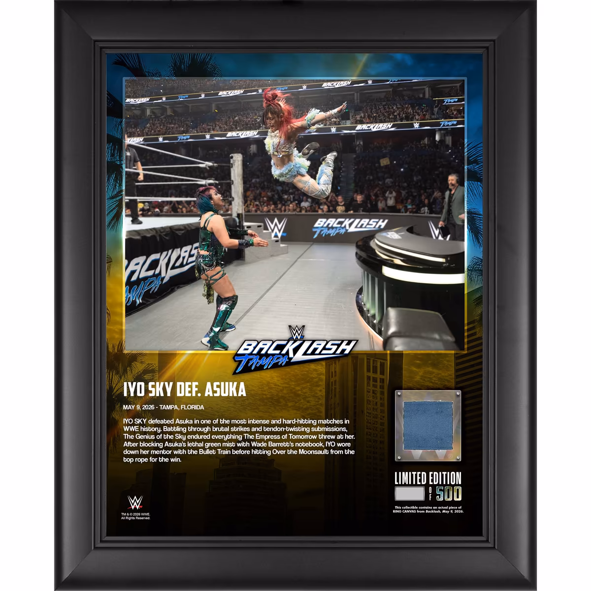 IYO SKY WWE Framed 13" x 16" Backlash 2026 Collage with a Piece of Match-Used Canvas - Limited Edition of 500