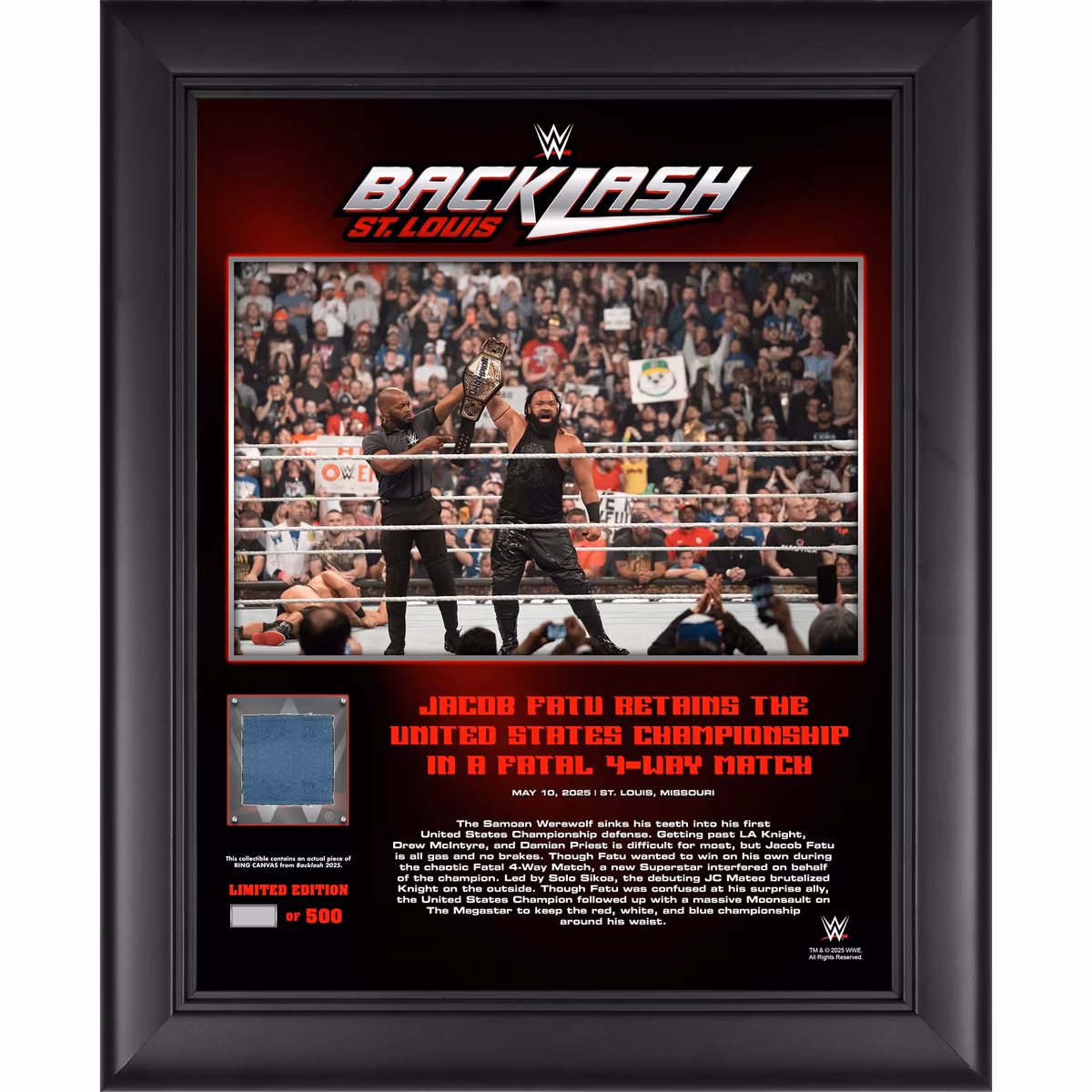 Jacob Fatu WWE Framed 13" x 16" 2025 Backlash Collage with a Piece of Match-Used Canvas - Limited Edition of 500