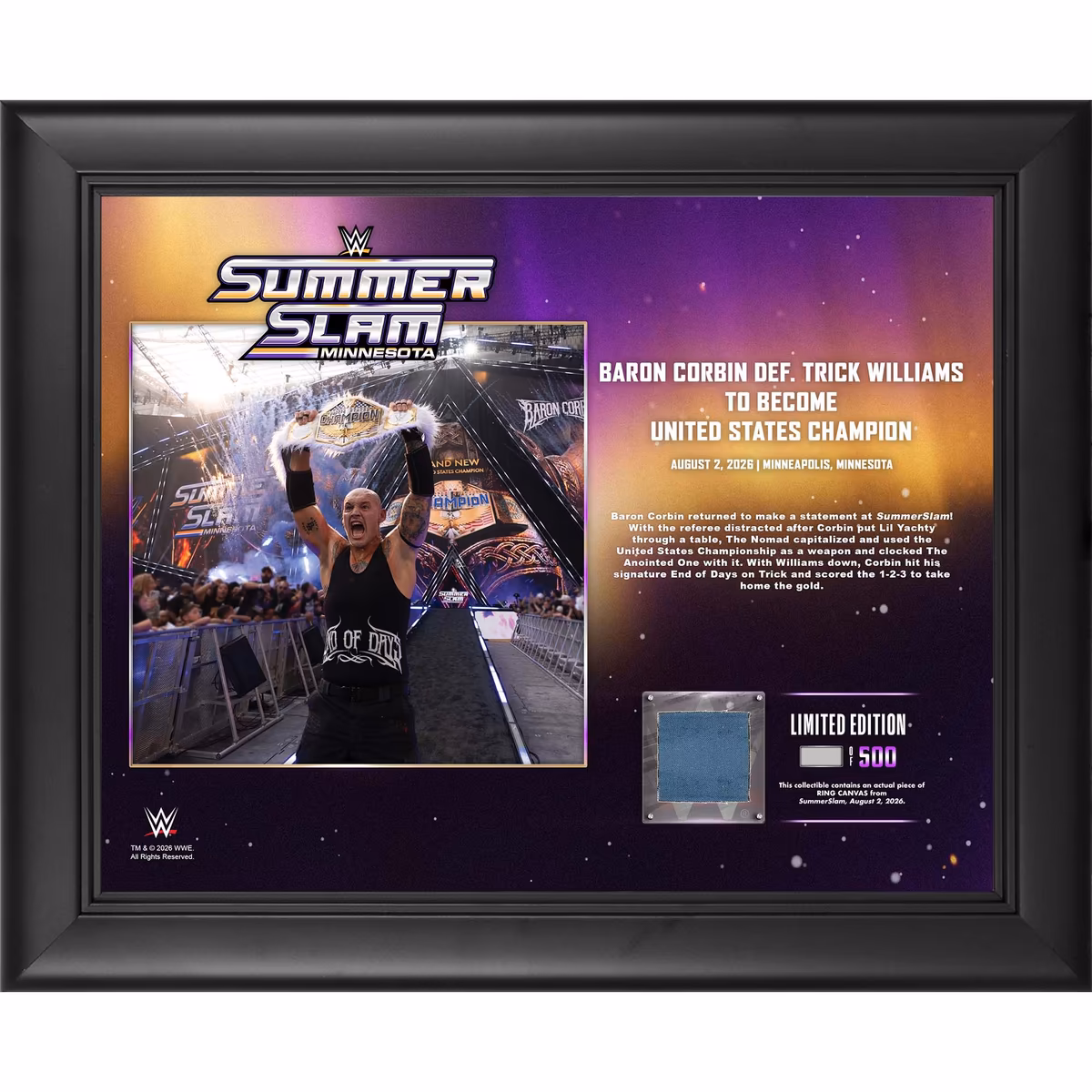 Baron Corbin WWE Framed 13" x 16" SummerSlam 2026 Night 2 Collage with a Piece of Match-Used Canvas - Limited Edition of 500