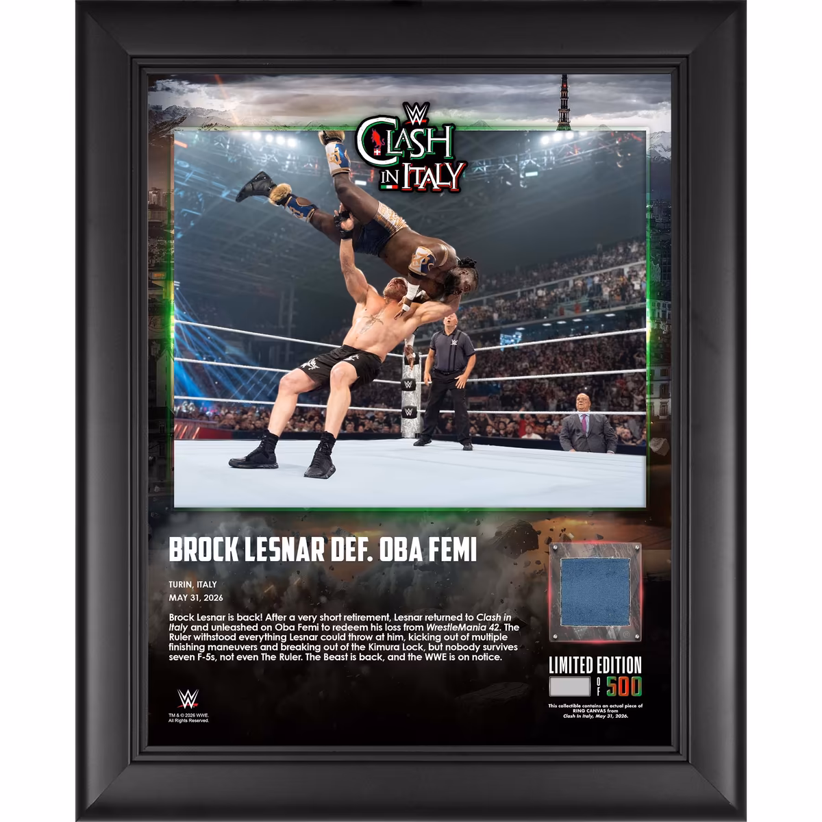Brock Lesnar WWE Framed 13" x 16" Clash in Italy 2026 Collage with a Piece of Match-Used Canvas - Limited Edition of 500