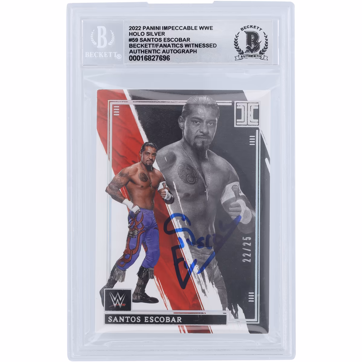 Santos Escobar WWE Autographed 2022 Panini Impeccable Holo Silver #59 #22/25 Beckett Fanatics Witnessed Authenticated 10 Card