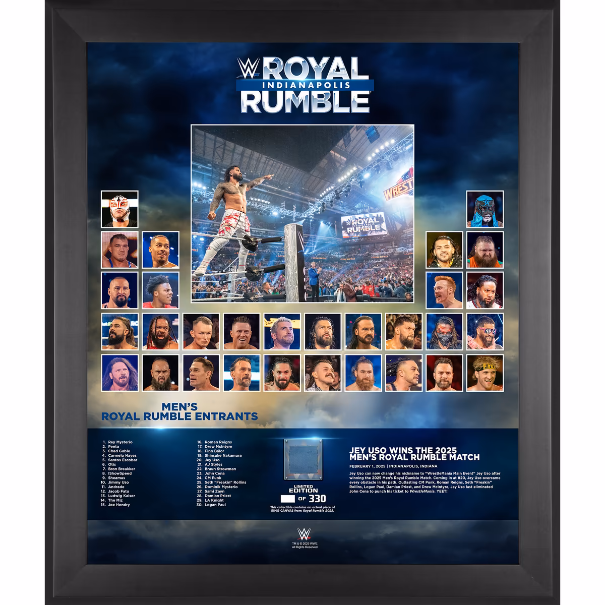 Jey Uso WWE Framed 20" x 24" 2025 Men's Royal Rumble Match Collage with a Piece of Match-Used Canvas - Limited Edition of 330