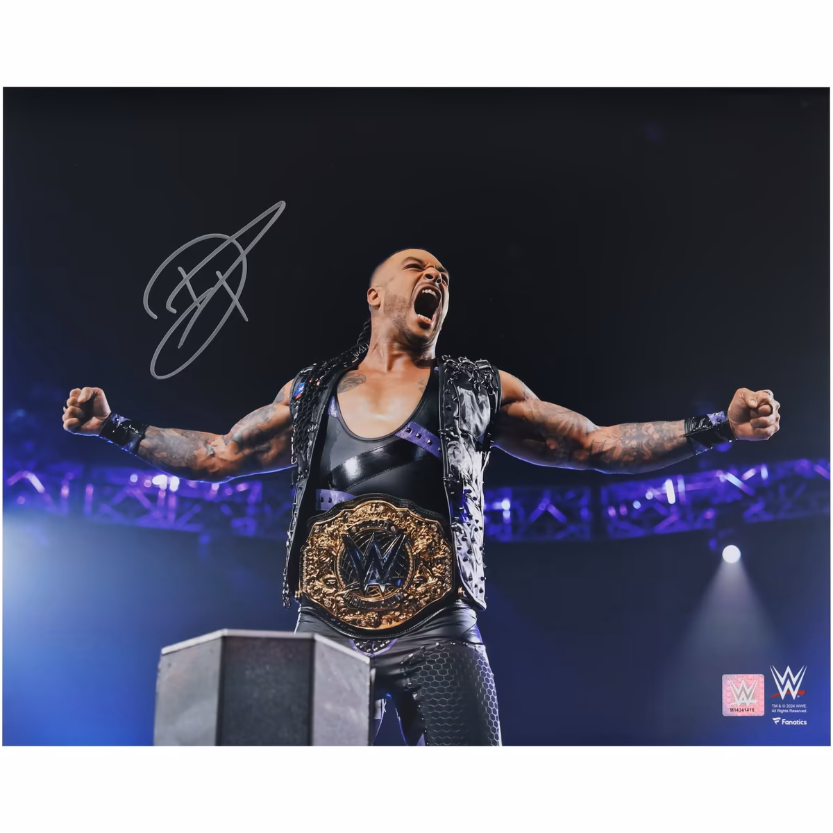 Damian Priest WWE Autographed 16" x 20" On Ropes Wearing Title Belt Photograph