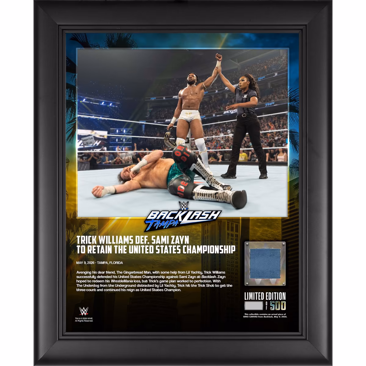 Trick Williams WWE Framed 13" x 16" Backlash 2026 Collage with a Piece of Match-Used Canvas - Limited Edition of 500
