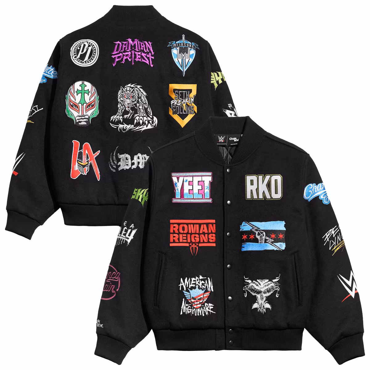 Men's Chalk Line  Black WWE Superstar Logos Full-Snap Varsity Jacket