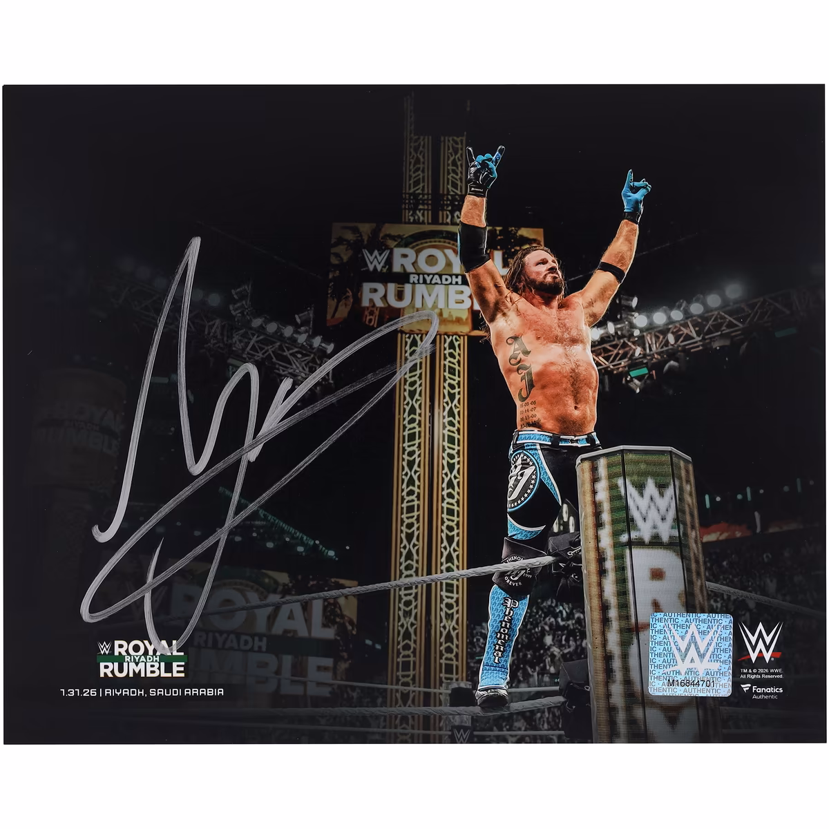 AJ Styles WWE Autographed 8" x 10" 2026 Royal Rumble Final Match Photograph 7 AJ Styles WWE Autographed 8" x 10" 2026 Royal Rumble Final Match Photograph