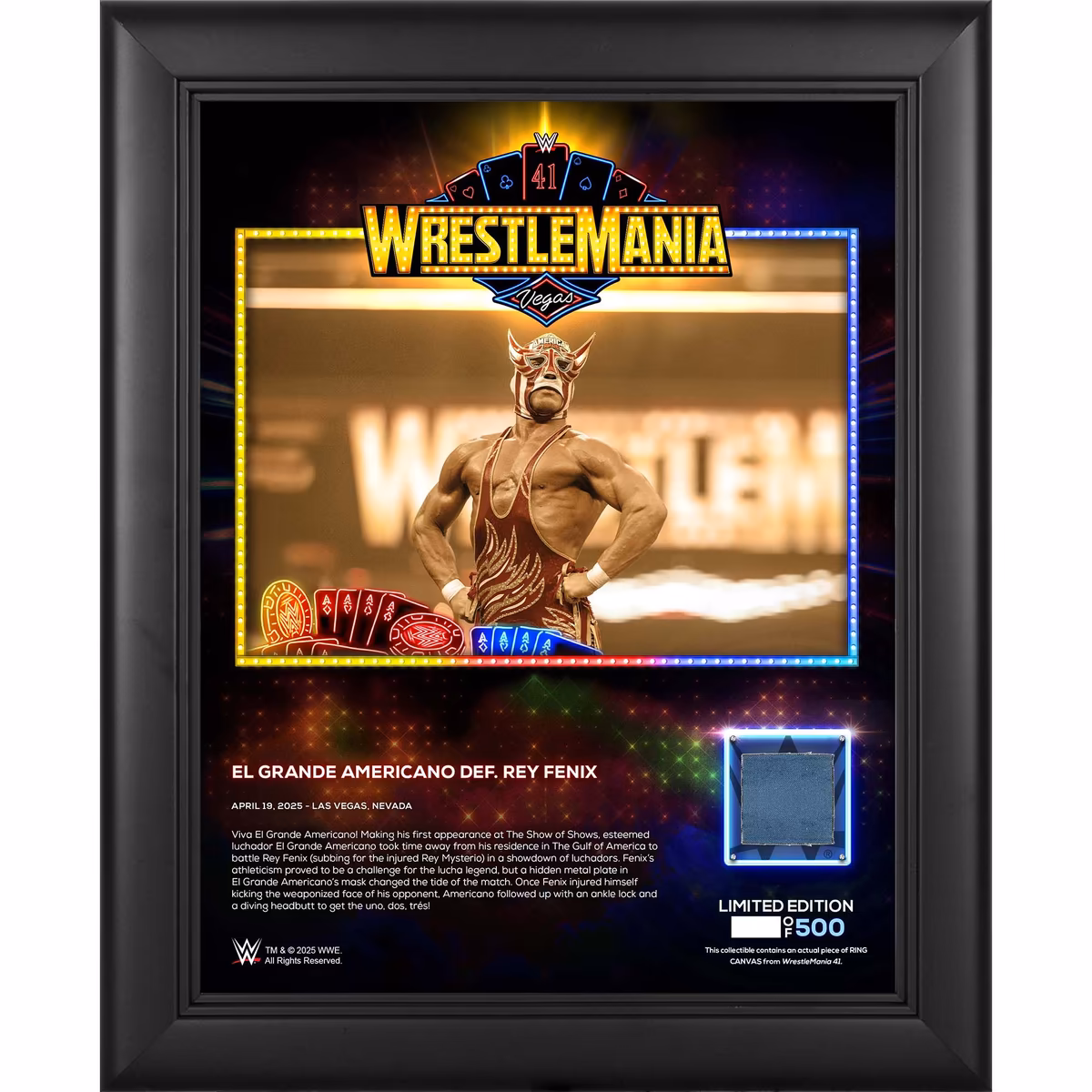 El Grande Americano WWE Framed 13" x 16" WrestleMania 41 Night 1 Collage with a Piece of Match-Used Canvas - Limited Edition of 500