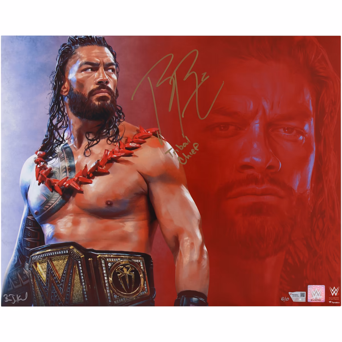 Roman Reigns WWE Autographed 16" x 20" Art Print with "Tribal Chief" Inscription - Art by Brian Konnick - Limited Edition of 10