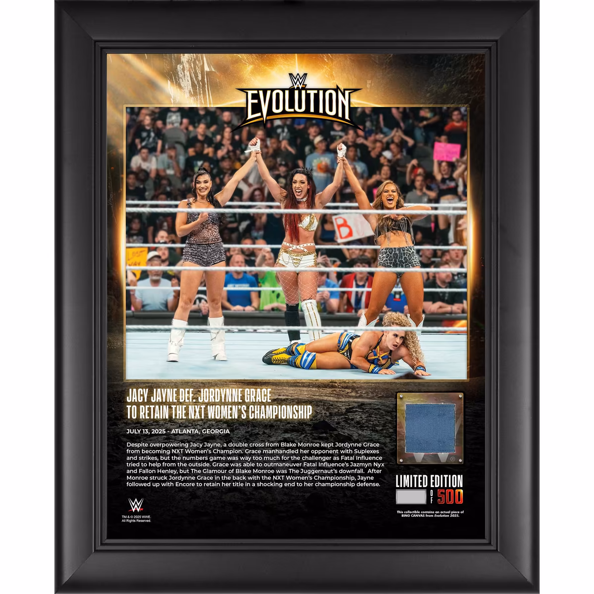 Jacy Jayne WWE Framed 13" x 16" Evolution 2025 Collage with a Piece of Match-Used Canvas - Limited Edition of 500 1 Jacy Jayne WWE Framed 13" x 16" Evolution 2025 Collage with a Piece of Match-Used Canvas - Limited Edition of 500
