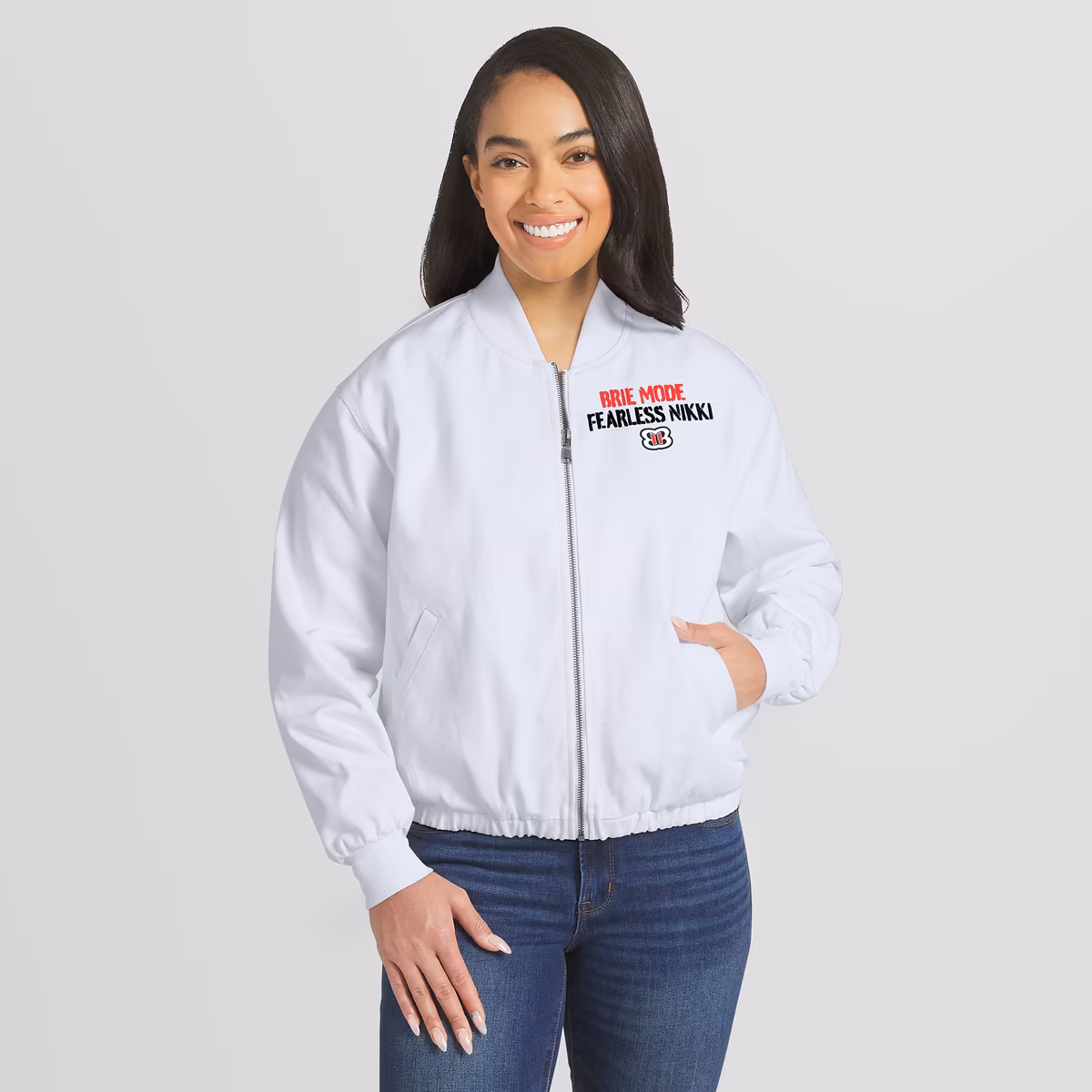 Women's WEAR by Erin Andrews White The Bella Twins Denim Full-Zip Bomber Jacket