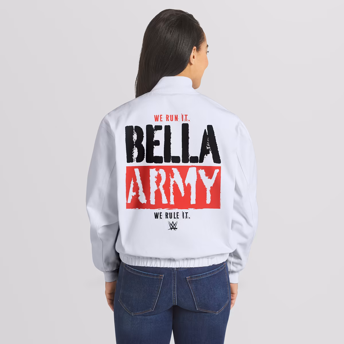 Women's WEAR by Erin Andrews White The Bella Twins Denim Full-Zip Bomber Jacket 3 Women's WEAR by Erin Andrews White The Bella Twins Denim Full-Zip Bomber Jacket