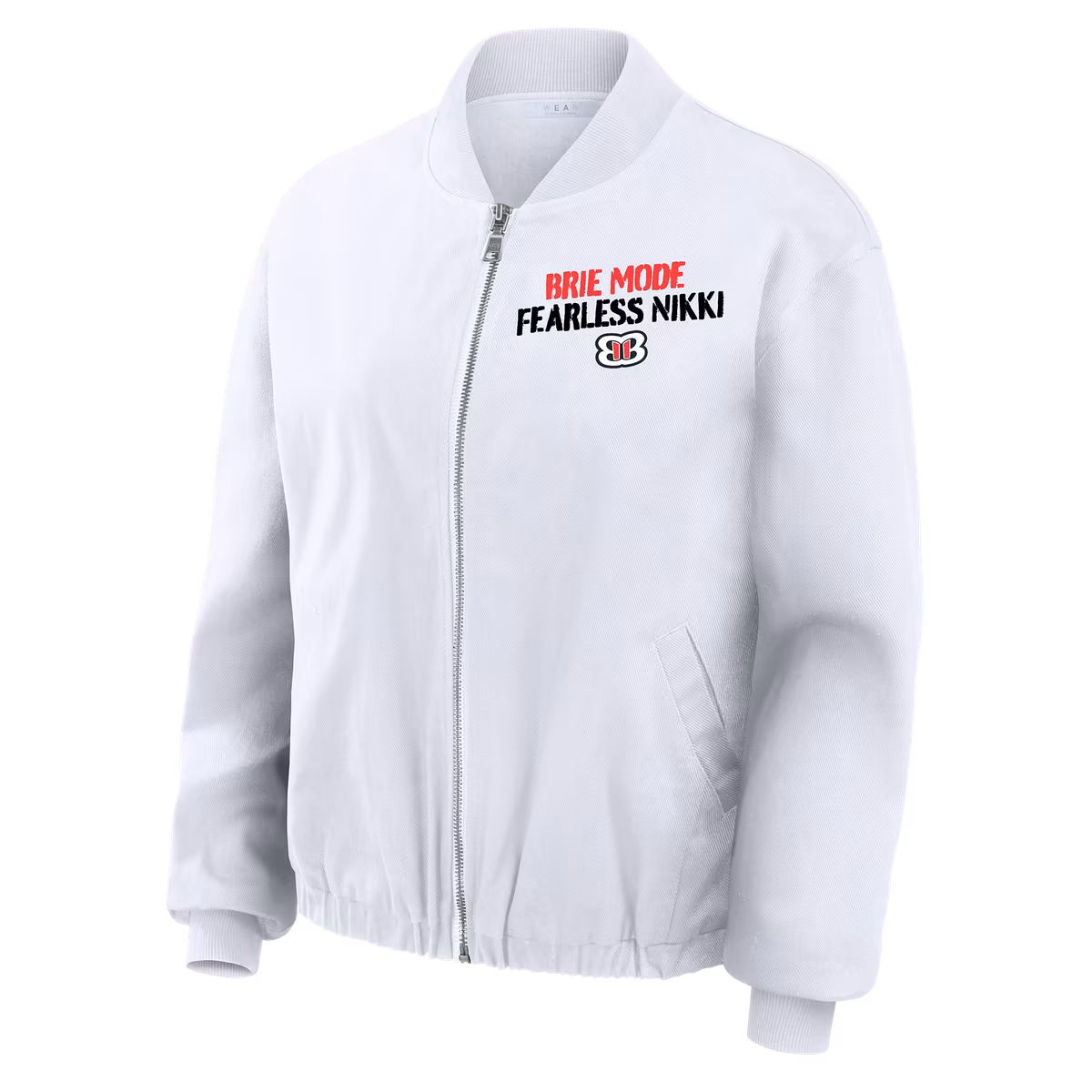 Women's WEAR by Erin Andrews White The Bella Twins Denim Full-Zip Bomber Jacket 4 Women's WEAR by Erin Andrews White The Bella Twins Denim Full-Zip Bomber Jacket