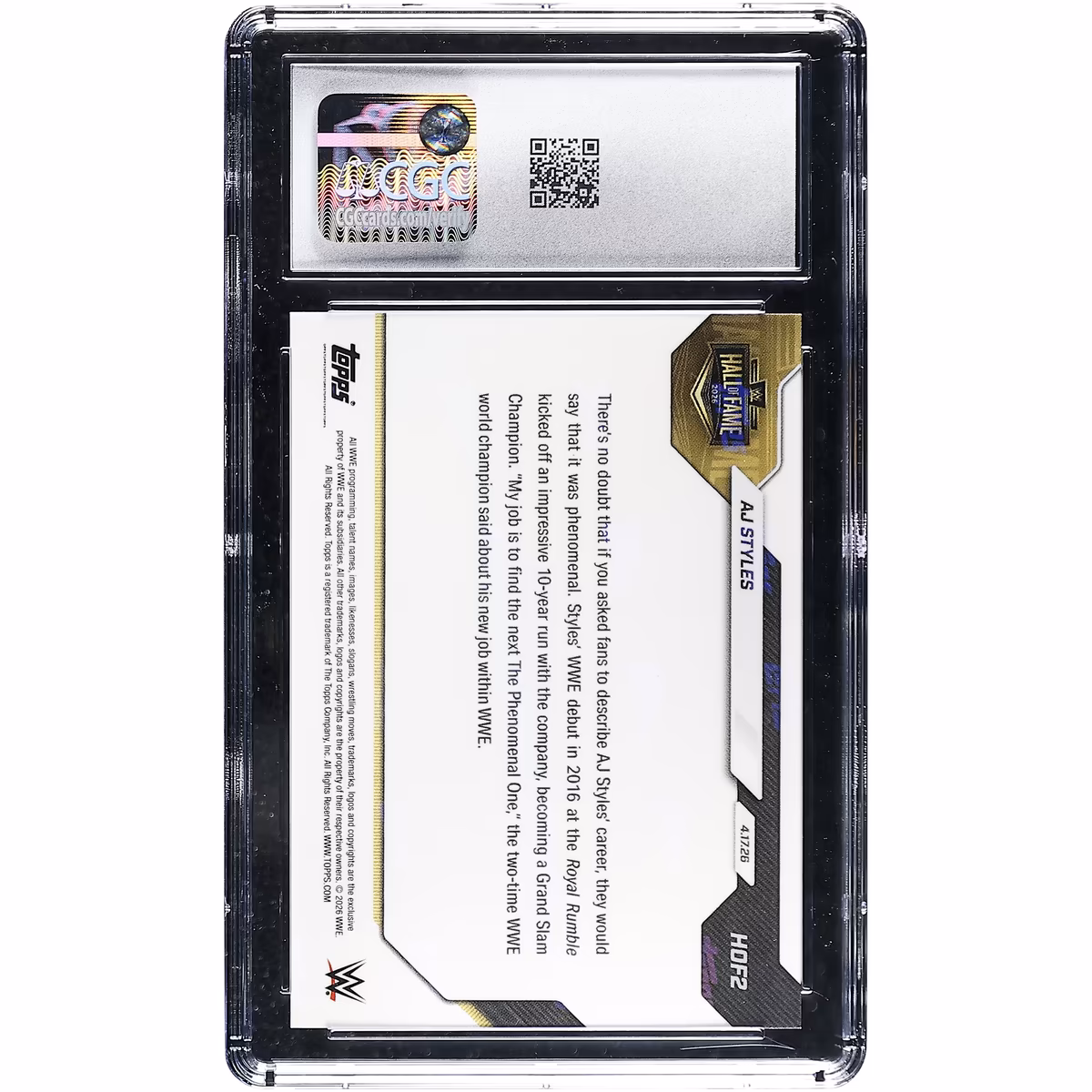 AJ Styles WWE 2026 Topps Now WWE Hall of Fame #HOF2 CGC Authenticated MINT+ 9.5 Card 3 AJ Styles WWE 2026 Topps Now WWE Hall of Fame #HOF2 CGC Authenticated MINT+ 9.5 Card