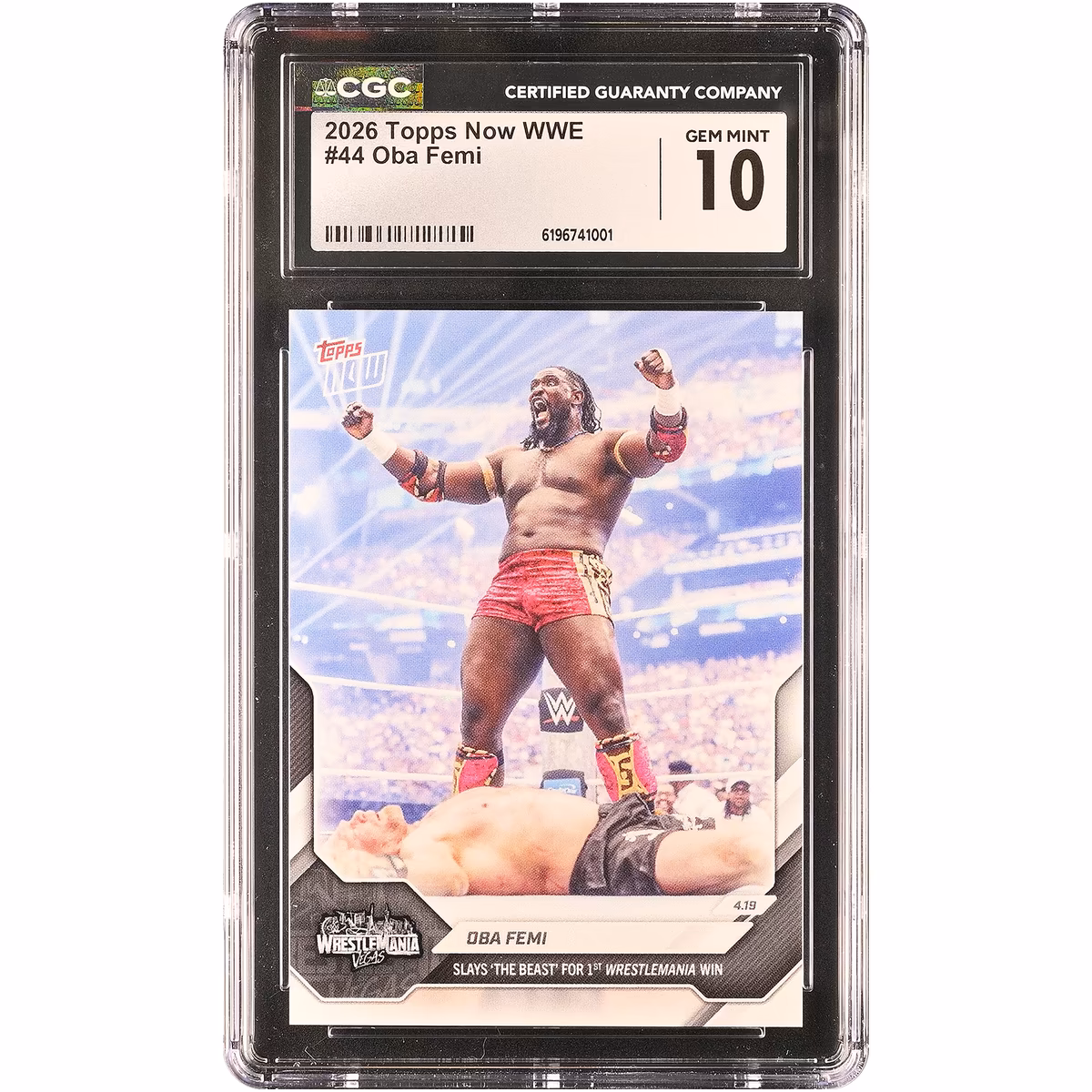 Oba Femi WWE 2026 Topps Now WWE Slays 'The Beast' For 1st WrestleMania Win #44 CGC Authenticated GEM MINT 10 Card