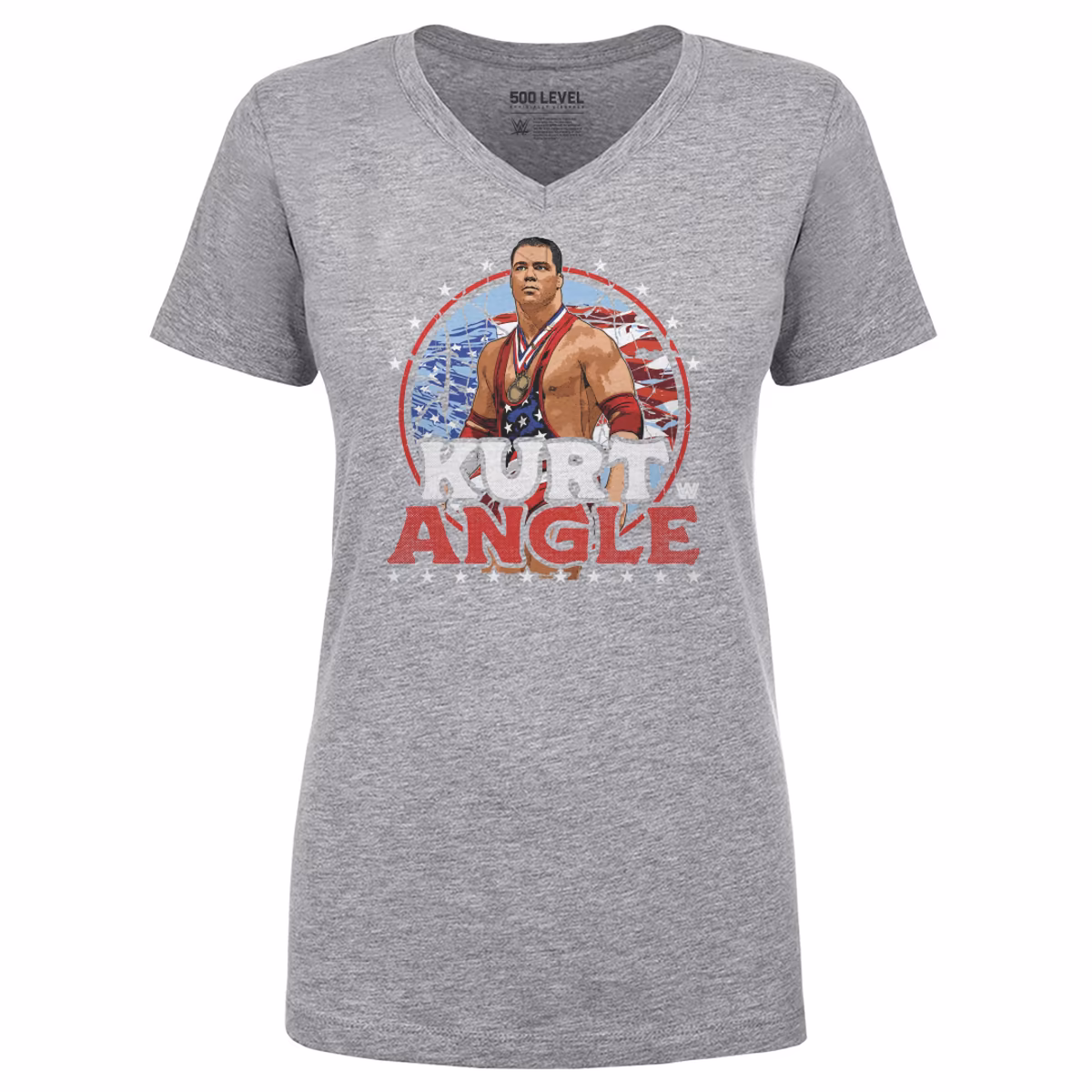 Women's 500 Level Heather Gray Kurt Angle Stars and Stripes V-Neck T-Shirt 2 Women's 500 Level Heather Gray Kurt Angle Stars and Stripes V-Neck T-Shirt