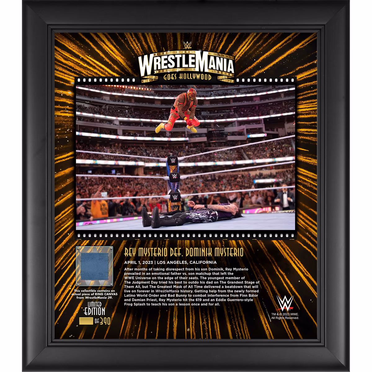 Rey Mysterio WWE Framed 15" x 17" 2023 WrestleMania 39 Night 1 Collage with a Piece of Match-Used Canvas - Limited Edition of 390 9 Rey Mysterio WWE Framed 15" x 17" 2023 WrestleMania 39 Night 1 Collage with a Piece of Match-Used Canvas - Limited Edition of 390