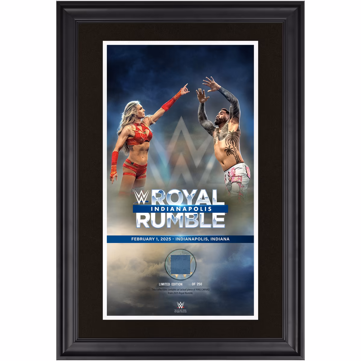 Charlotte Flair & Jey Uso WWE Framed 10" x 18" 2025 Royal Rumble Winners Collage with a Piece of Match-Used Canvas - Limited Edition of 250 1 Charlotte Flair & Jey Uso WWE Framed 10" x 18" 2025 Royal Rumble Winners Collage with a Piece of Match-Used Canvas - Limited Edition of 250