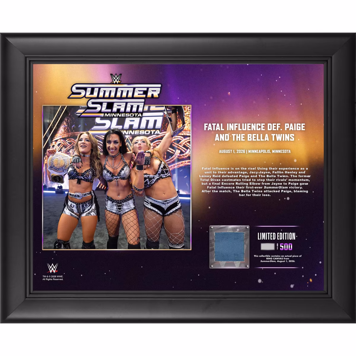 Fatal Influence WWE Framed 13" x 16" SummerSlam 2026 Night 1 Collage with a Piece of Match-Used Canvas - Limited Edition of 500