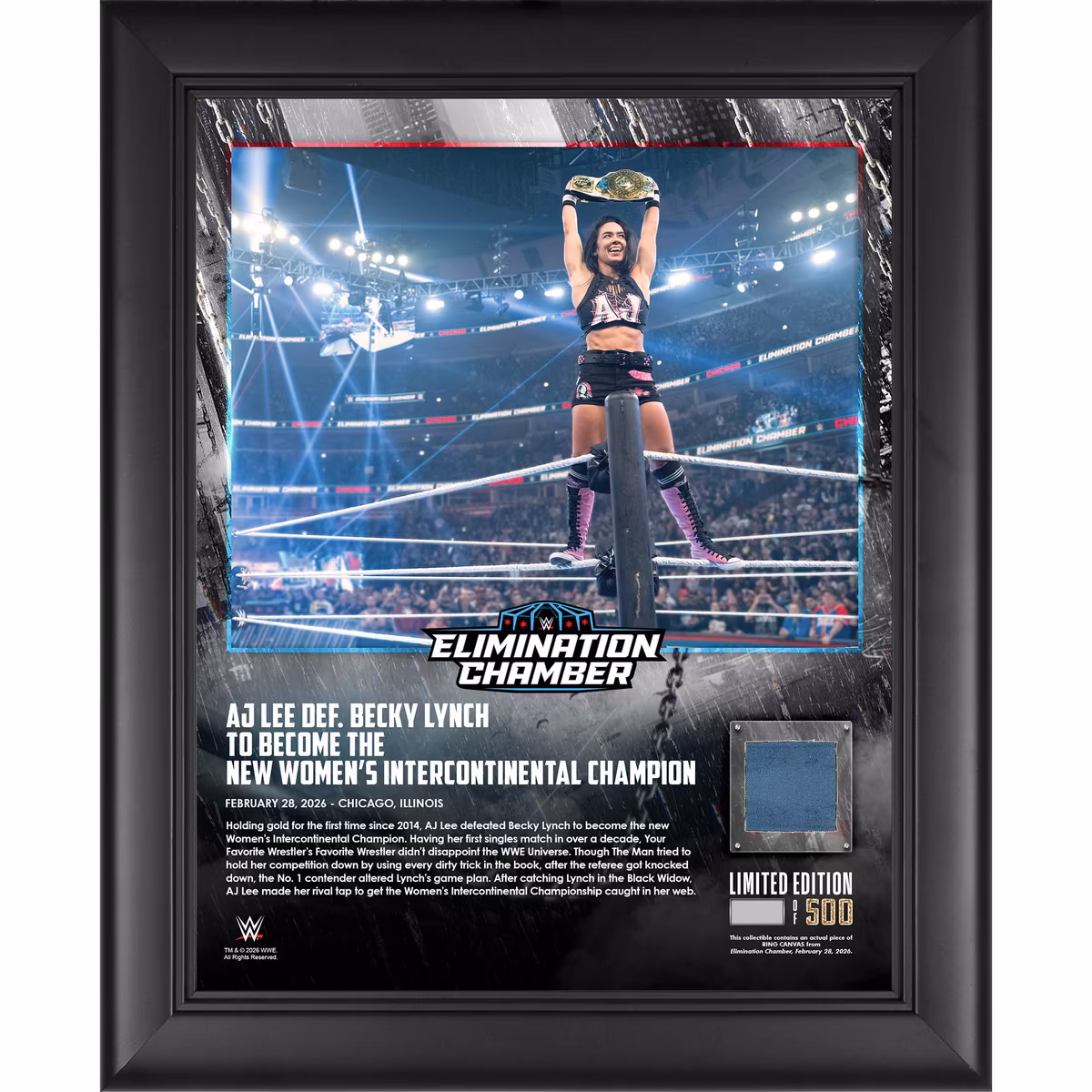 AJ Lee WWE Framed 13" x 16" 2026 Elimination Chamber Collage with a Piece of Match-Used Canvas - Limited Edition of 500