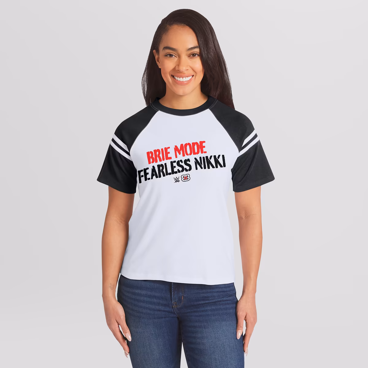 Women's WEAR by Erin Andrews White The Bella Twins Striped Raglan T-Shirt 1 Women's WEAR by Erin Andrews White The Bella Twins Striped Raglan T-Shirt