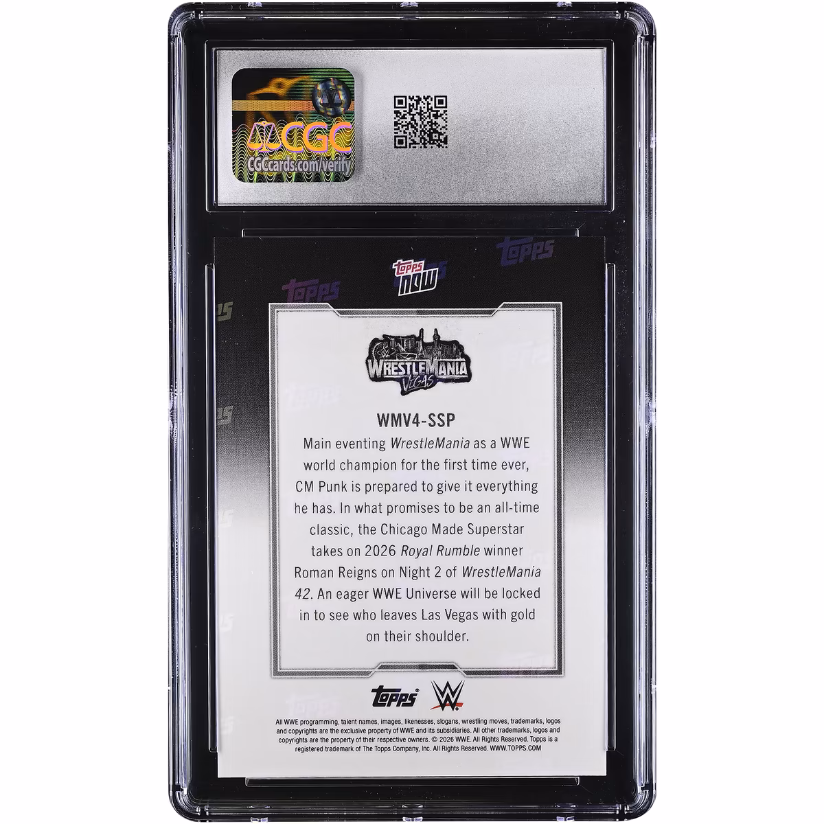 CM Punk & Roman Reigns WWE 2026 Topps Now WrestleMania 42 Super Short Print #WMV4-SSP CGC Authenticated 9 Card 3 CM Punk & Roman Reigns WWE 2026 Topps Now WrestleMania 42 Super Short Print #WMV4-SSP CGC Authenticated 9 Card