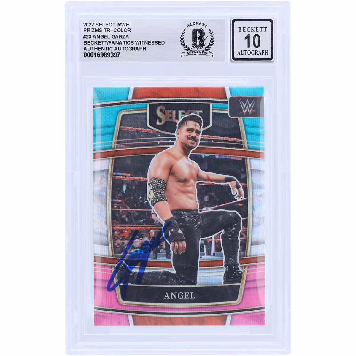 Angel Garza WWE Autographed 2022 Panini Select Tri-Color Prizm #23 Beckett Fanatics Witnessed Authenticated 10 Card