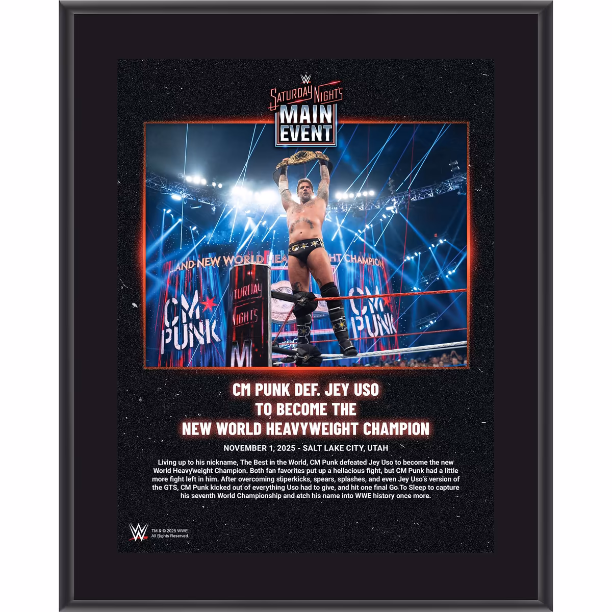CM Punk WWE 10.5" x 13" Saturday Night's Main Event November 1, 2025 Sublimated Plaque