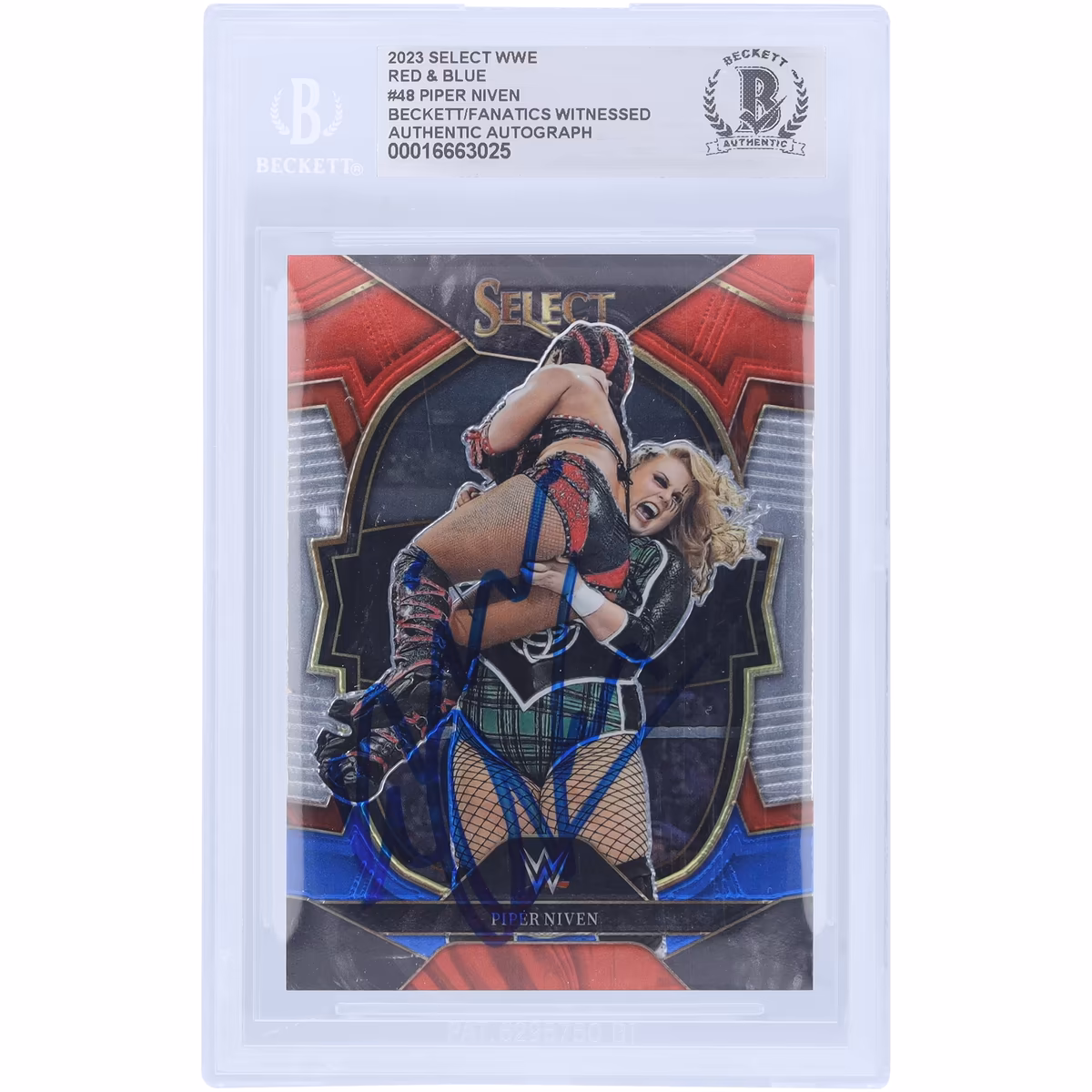Piper Niven WWE Autographed 2023 Panini Select Red & Blue #48 Beckett Fanatics Witnessed Authenticated Card