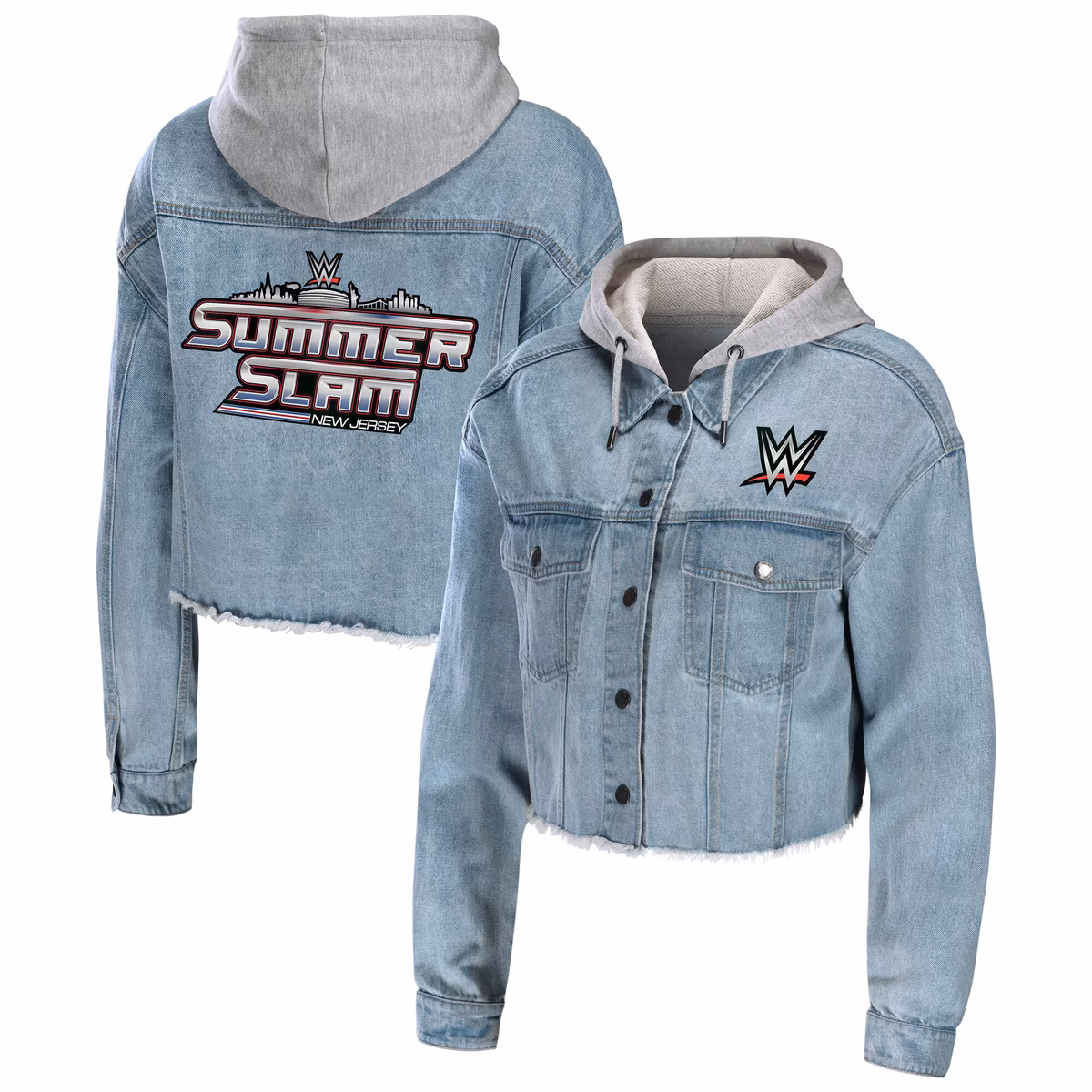 Women's WEAR by Erin Andrews Blue SummerSlam 2025 Hooded Cropped Full-Snap Denim Jacket 8 Women's WEAR by Erin Andrews Blue SummerSlam 2025 Hooded Cropped Full-Snap Denim Jacket