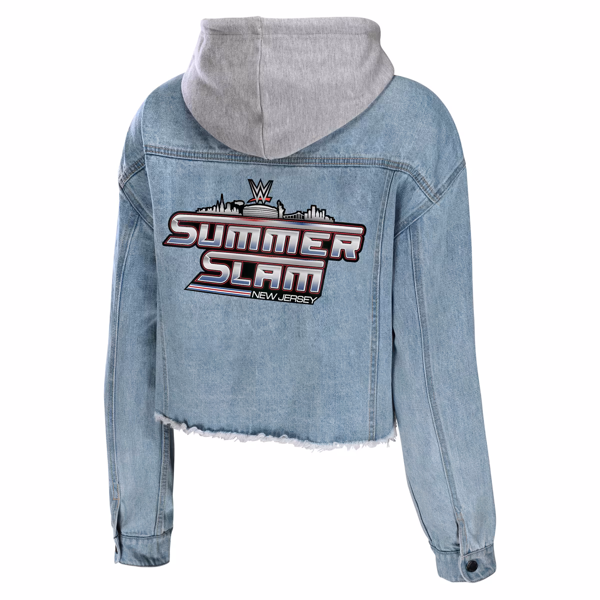 Women's WEAR by Erin Andrews Blue SummerSlam 2025 Hooded Cropped Full-Snap Denim Jacket 4 Women's WEAR by Erin Andrews Blue SummerSlam 2025 Hooded Cropped Full-Snap Denim Jacket