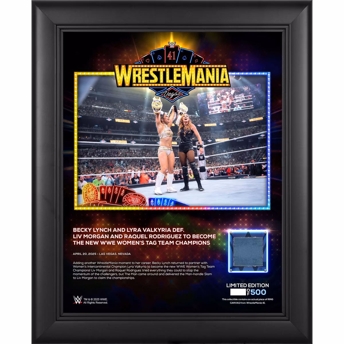 Becky Lynch & Lyra Valkyria WWE Framed 13" x 16" WrestleMania 41 Night 2 Collage with a Piece of Match-Used Canvas - Limited Edition of 500