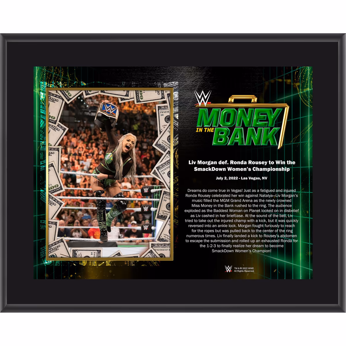 Liv Morgan Framed 10.5'' x 13'' 2022 Money in the Bank Cash In Sublimated Plaque 10 Liv Morgan Framed 10.5'' x 13'' 2022 Money in the Bank Cash In Sublimated Plaque