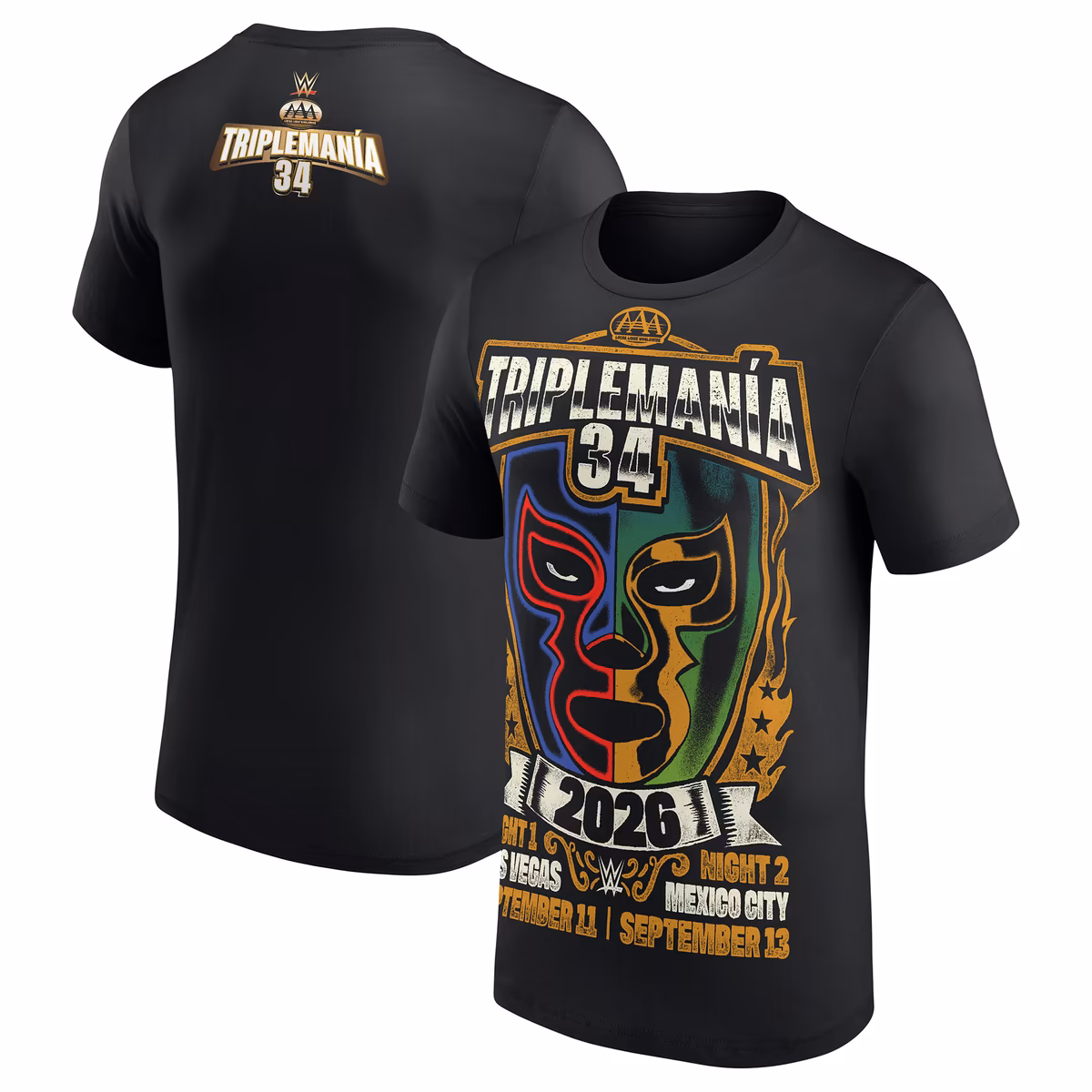 Men's Black AAA Triplemanía 34 Dual Lucha Mask T-Shirt