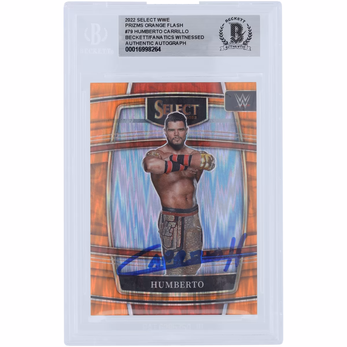 Humberto Carrillo WWE Autographed 2022 Panini Select Orange Flash Prizm #79 Beckett Fanatics Witnessed Authenticated Card