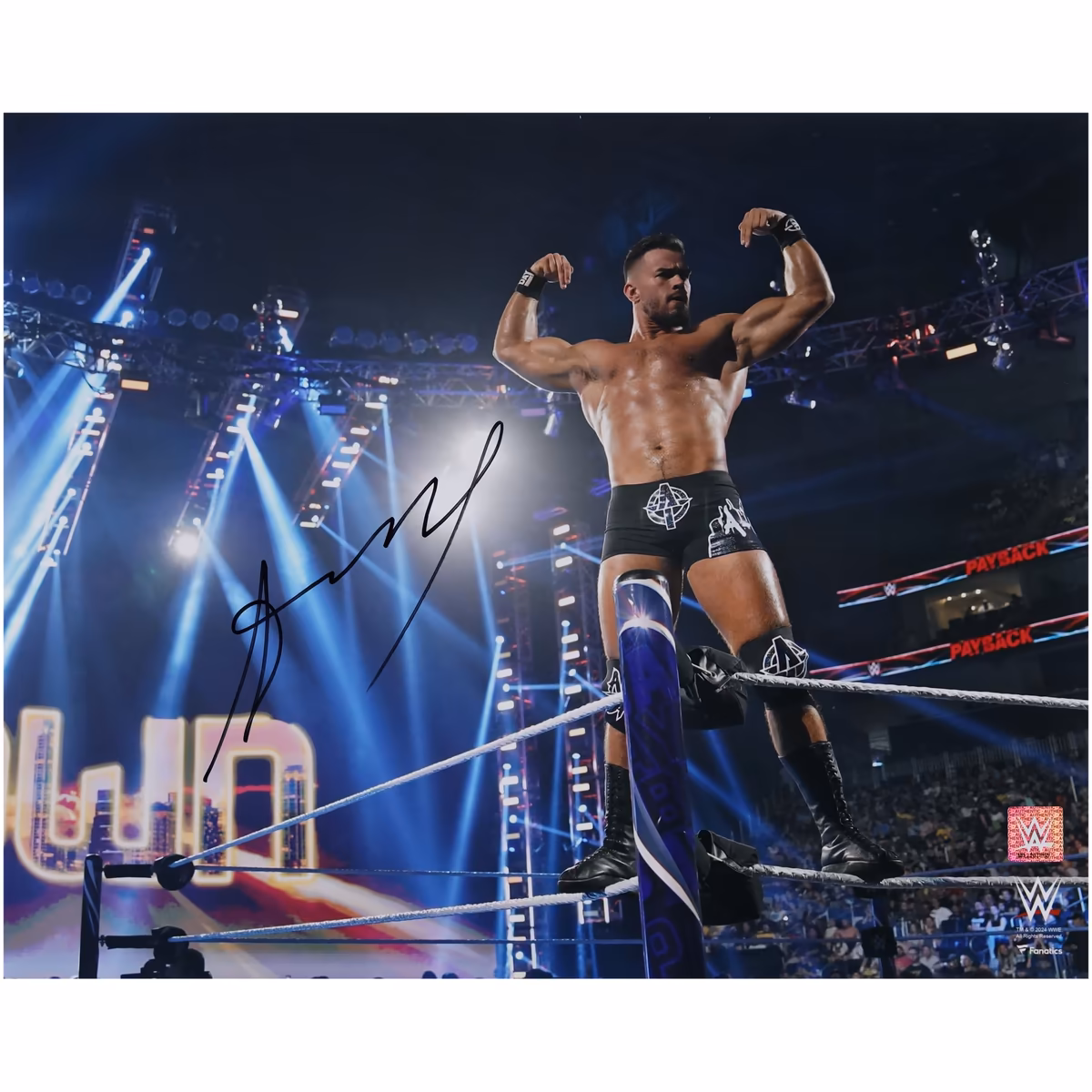 Austin Theory WWE Autographed 16" x 20" On Ropes Flexing Photograph 2 Austin Theory WWE Autographed 16" x 20" On Ropes Flexing Photograph