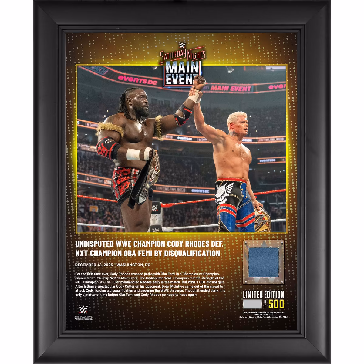 Cody Rhodes WWE Framed 13" x 16" Saturday Night's Main Event December 13, 2025 Collage with a Piece of Match-Used Canvas - Limited Edition of 500 1 Cody Rhodes WWE Framed 13" x 16" Saturday Night's Main Event December 13, 2025 Collage with a Piece of Match-Used Canvas - Limited Edition of 500